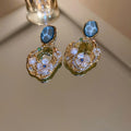 Alloy Square Rhinestone Flower Pearl Pleated Hollow Drop Earrings Fashion OL Ethnic Style view 2