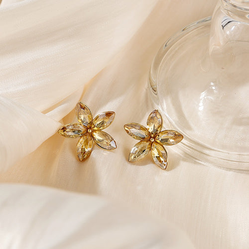 Luxury Crystal Rhinestone Flower Petal Stud Earrings For Women Elegant Alloy Silver Needle Jewelry Earrings