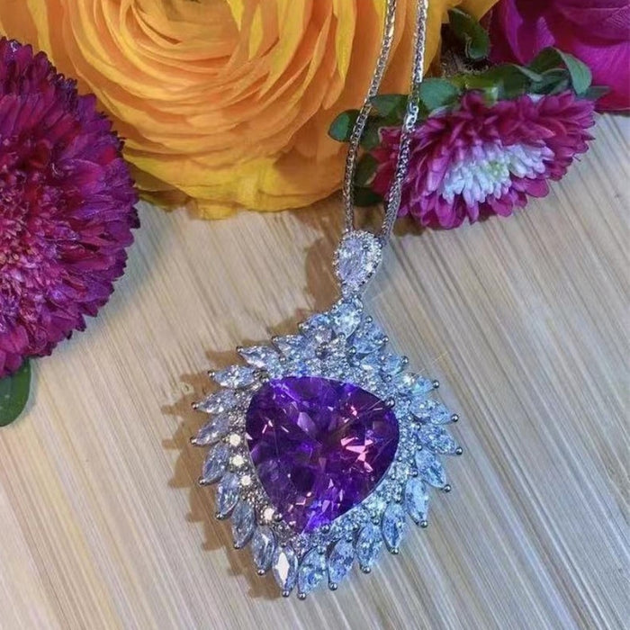 Luxury Heart Shape Purple Amethyst Style Pendant Necklace For Women Color Gemstone Jewelry