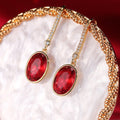 Simple Oval Red Zircon Drop Earrings, Ruby Look Gemstone Dangle Earrings For Women view 3