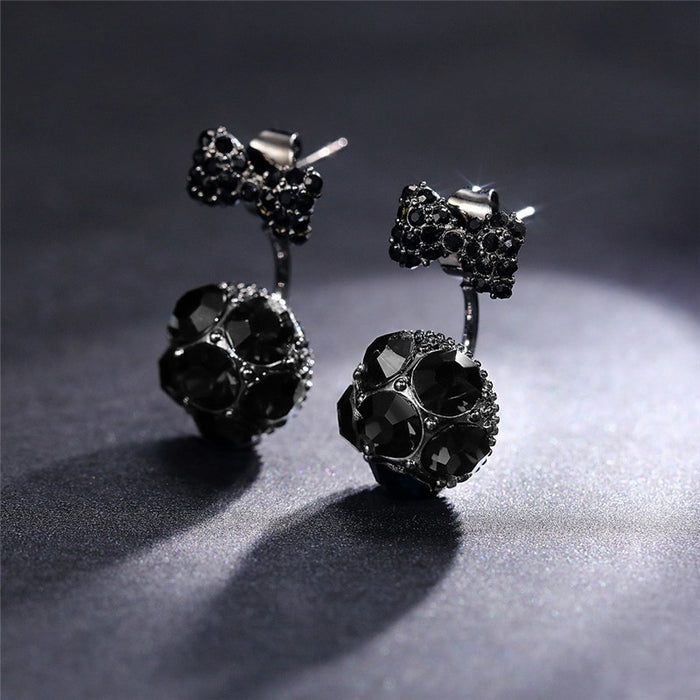 Korean Style Black Crystal Bow Stud Earrings, Simple Back Hanging Sweet Fashion Ear Jewelry
