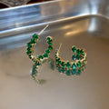 Korean Fashion Alloy Emerald Rhinestone Geometric Round Hoop Earrings For Women view 1