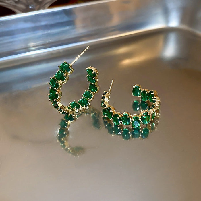 Korean Fashion Alloy Emerald Rhinestone Geometric Round Hoop Earrings For Women