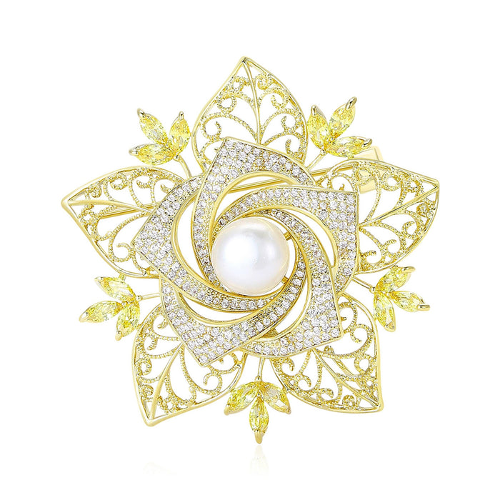 Vintage Alloy Camellia Pearl Brooch For Cardigan Shawl Coat