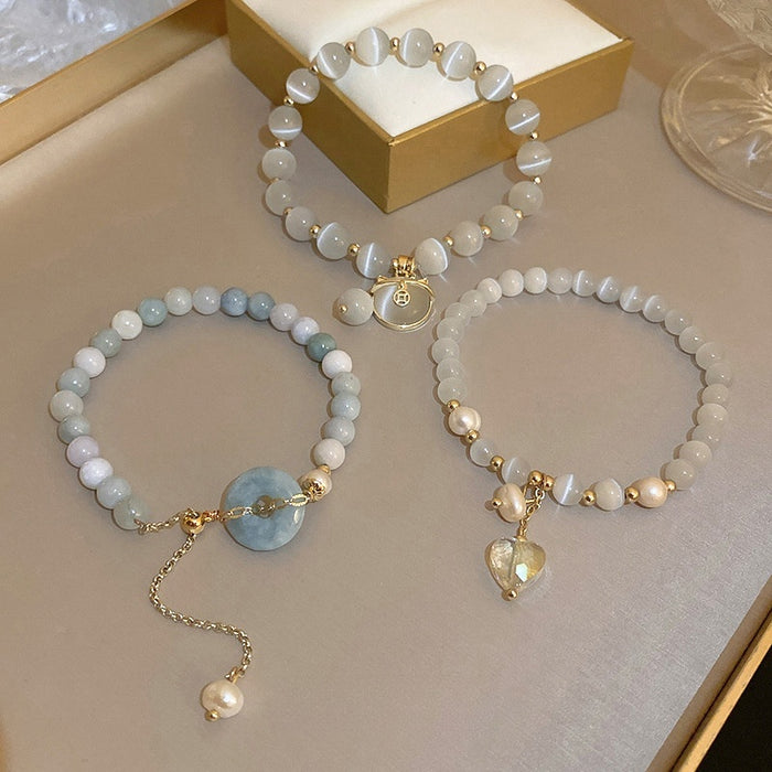 Chinese Style Cat Eye Stone Pearl Peace Buckle Kitten Heart Adjustable Beaded Bracelet