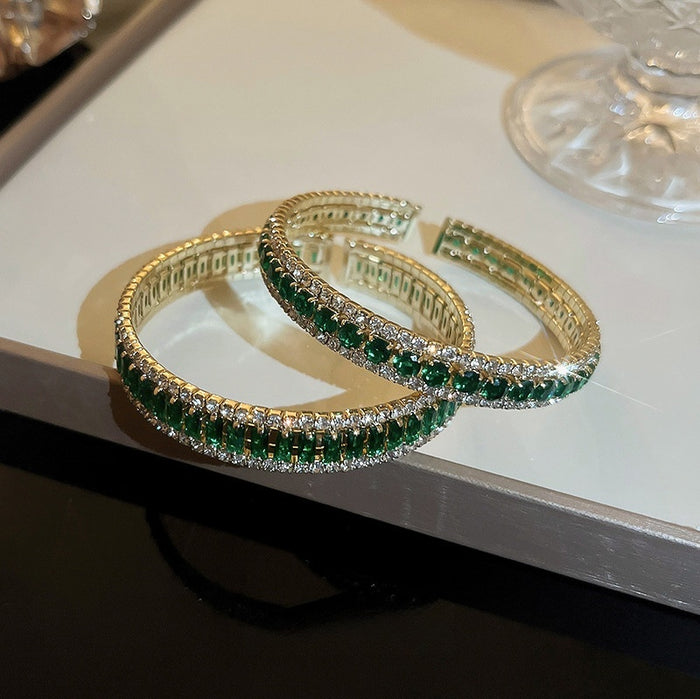 Copper Emerald Square Rhinestone Open Bangle, Geometric Ruili Style Statement Jewelry For Women