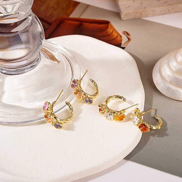 Elegant C Shape Gold Alloy Hoop Studs With Colorful Enamel Flower Wreath And Irregular Liquid Metal Earrings
