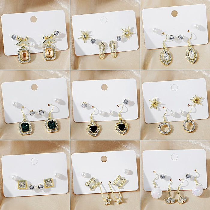 Elegant Multi Pair Pearl Rhinestone Bow Heart Geometric Ginkgo Leaf Alloy Stud Drop Earrings