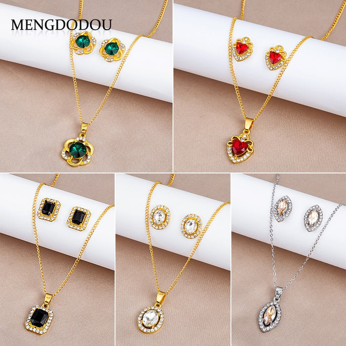 Elegant Vintage Palace Style Crystal Rhinestone Heart Oval Square Alloy Necklace Stud Set Earrings