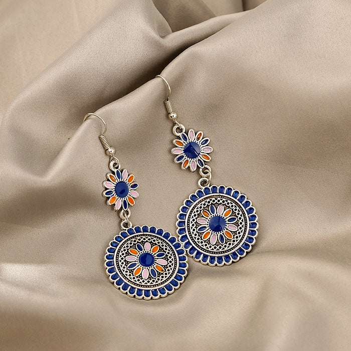 Vintage Bohemian Statement Alloy Enamel Sunflower Round Disc Dangle Hook Drop Ethnic Earrings