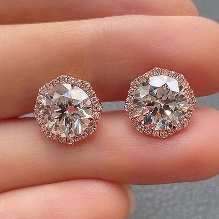 Retro Rose Gold Color Zircon Stud Earrings For Women Delicate Ear Hole Care Jewelry