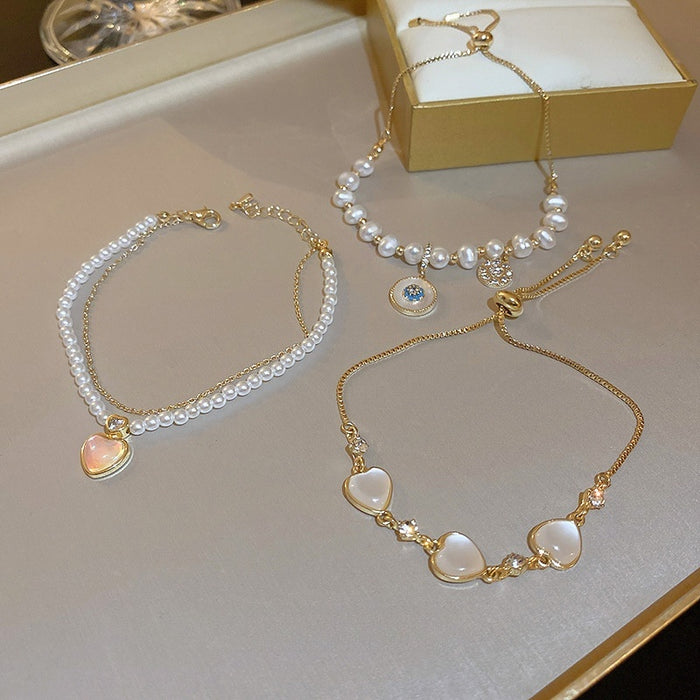 Genuine Gold Plated Cat Eye Stone Pearl Flower Heart Adjustable Korean Style Bangle
