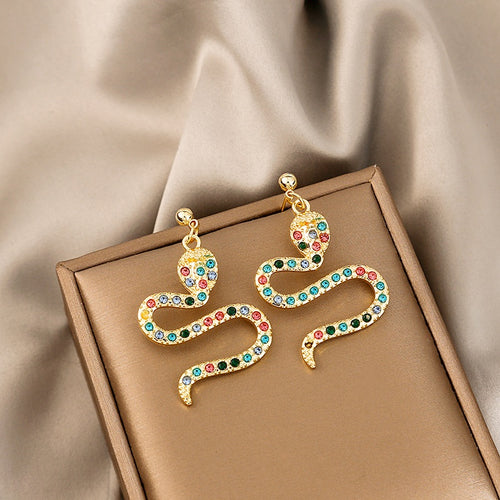 Luxury Ethnic Snake Shape Colorful Zircon Rhinestone Gold Plated Alloy Animal Stud Drop Earrings