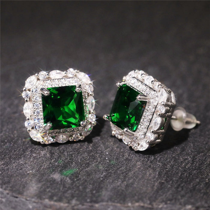 Vintage Square Emerald Stud Earrings, European American Fashion Womens Ear Jewelry
