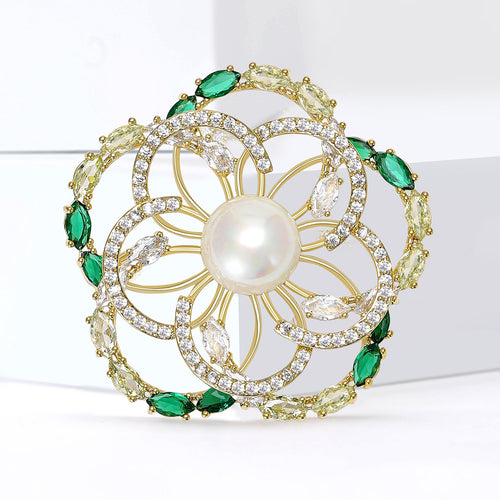 Copper Zircon Flower Brooch Pin For Women Suit Dresses