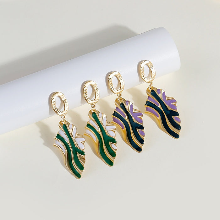 Elegant French Irregular Monstera Leaf Shape Gold Alloy Enamel Contrast Color Dangle Stud Drop Earrings