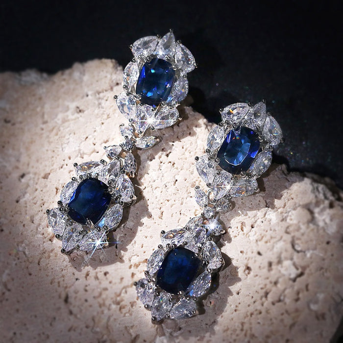 Vintage Bridal Dangle Earrings With Tassel Royal Blue Zircon Stones For Wedding Dress Jewelry