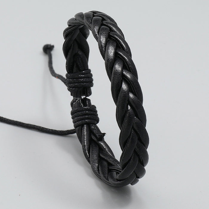 Simple Handmade Black Three Strand Braided Leather Bracelet For European American Men's Jewelry