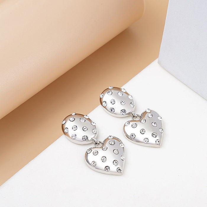 Luxury Silver Needle Rhinestone Polka Dot Round Stud Heart Dangle Elegant Statement Earrings