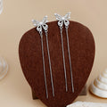 Elegant Silver Alloy Rhinestone Pearl Hollow Butterfly Long Chain Tassel Statement Stud Earrings view 2