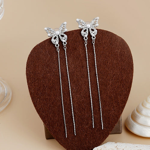 Elegant Silver Alloy Rhinestone Pearl Hollow Butterfly Long Chain Tassel Statement Stud Earrings