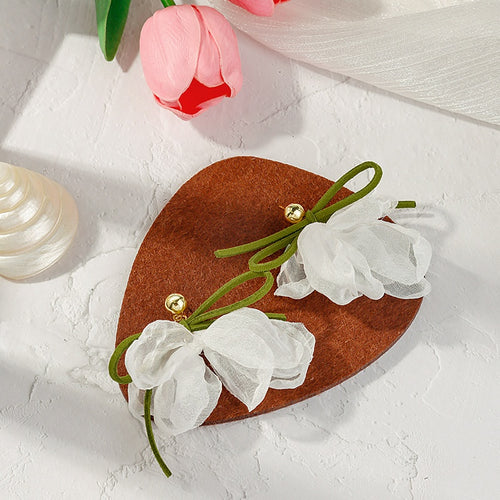 Elegant Alloy Stud Green Velvet Bowknot White Chiffon Flower Fairy Drop Dangle Earrings