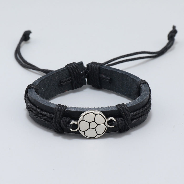 Hot Selling Handmade Black Braided Football Leather Bracelet, Creative Fan Wristband Jewelry