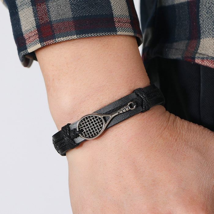 Handwoven Tennis Racket Leather Bracelet Black Men's Rope Bracelet Fashion Accessories