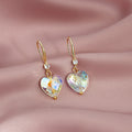 French Romantic Elegant Gold Alloy Hook Colorful Rhinestone Crystal Heart Drop Dangle Earrings view 3