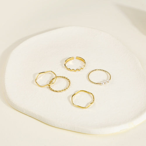 Gentle Pearl Plain Band Ring Five Piece Set Wave Twist Open Finger Rings For Women