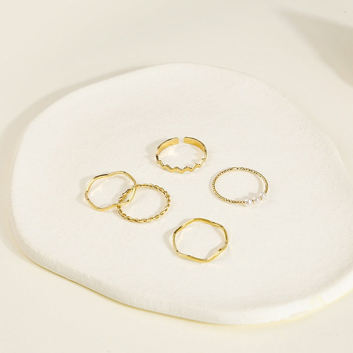 Gentle Pearl Plain Band Ring Five Piece Set Wave Twist Open Finger Rings For Women