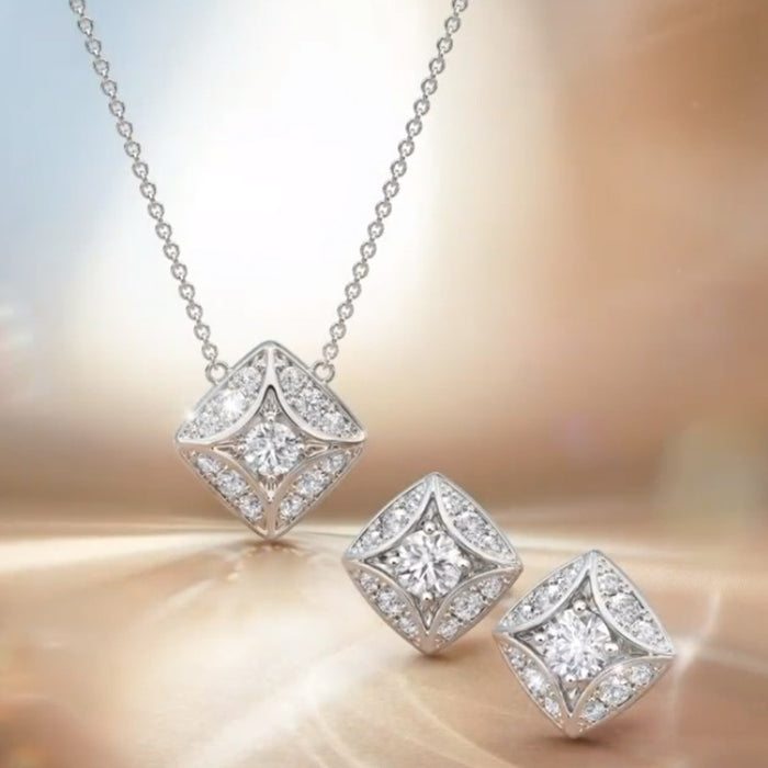 Simple Geometric Diamond Shape Zircon Necklace And Earrings Jewelry Set For Women