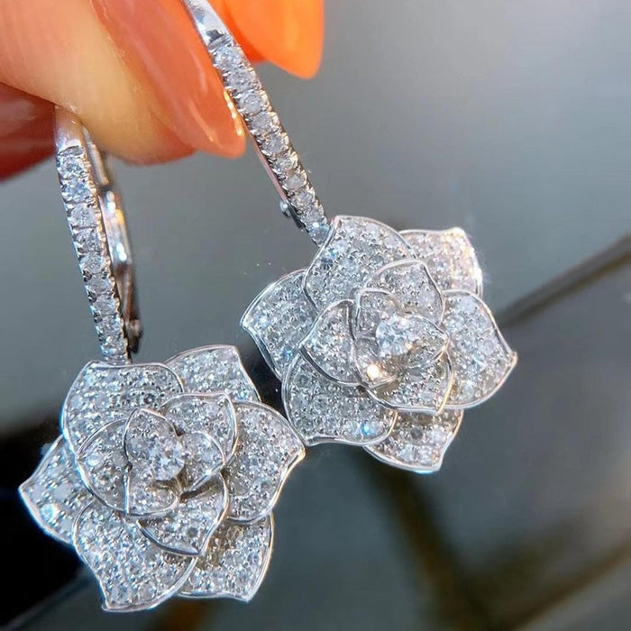 Women's Camellia Flower Drop Earrings, Micro Pave Full Cubic Zirconia Floral Jewelry