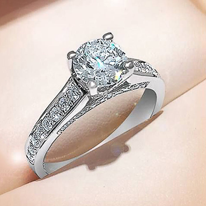Classic Four Prong White Gold Plated Zircon Ring For Women Luxury Sparkling European Jewelry