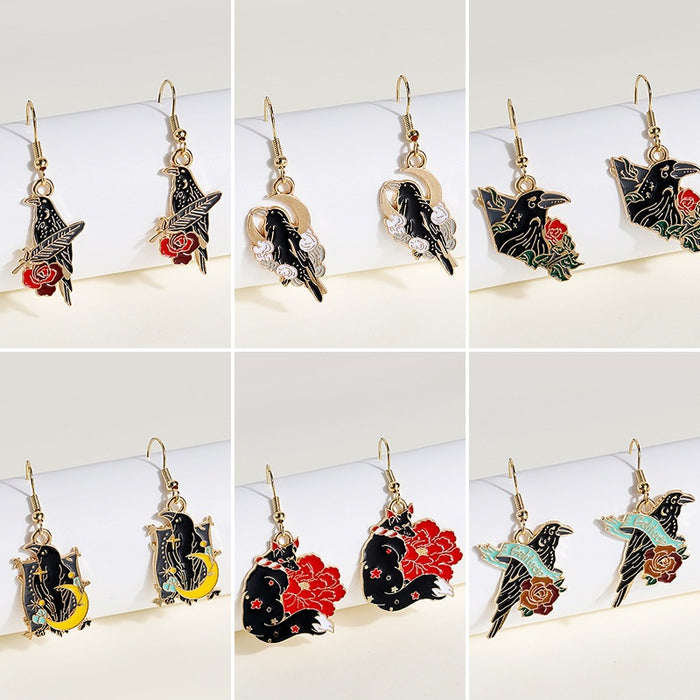 Vintage Chinese Style Enamel Bird Fox Red Flower Alloy Drop Earrings For Women Elegant Animal Dangle Earrings