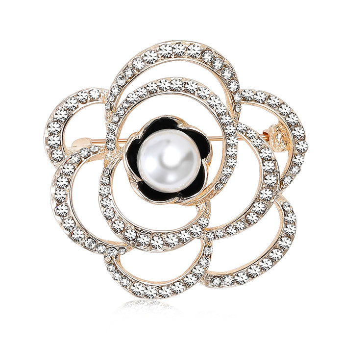 Alloy Rhinestone Hollow Camellia Brooch For Elegant Women Clothing