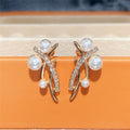 Vintage Baroque Cross Line Faux Pearl Earrings For Women, Tassel Rhinestone Fairy Stud Earrings view 6