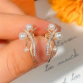 Vintage Baroque Cross Line Faux Pearl Earrings For Women, Tassel Rhinestone Fairy Stud Earrings view 2