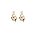 Elegant Faux Pearl White Enamel Flower Rhinestone Crystal Leaf Gold Alloy Stud Drop Earrings view 5