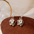 Elegant Faux Pearl White Enamel Flower Rhinestone Crystal Leaf Gold Alloy Stud Drop Earrings view 1