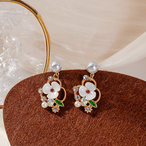 Elegant Faux Pearl White Enamel Flower Rhinestone Crystal Leaf Gold Alloy Stud Drop Earrings