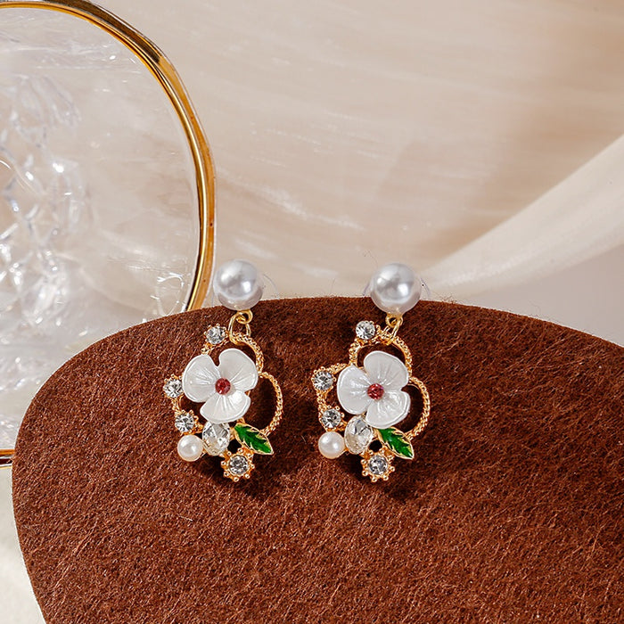 Elegant Faux Pearl White Enamel Flower Rhinestone Crystal Leaf Gold Alloy Stud Drop Earrings