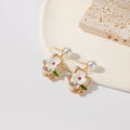 Elegant Faux Pearl White Enamel Flower Rhinestone Crystal Leaf Gold Alloy Stud Drop Earrings view 3