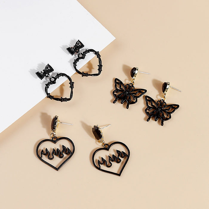 Dark Black Enamel Heart Flame Butterfly Bow Alloy Stud Drop Earrings