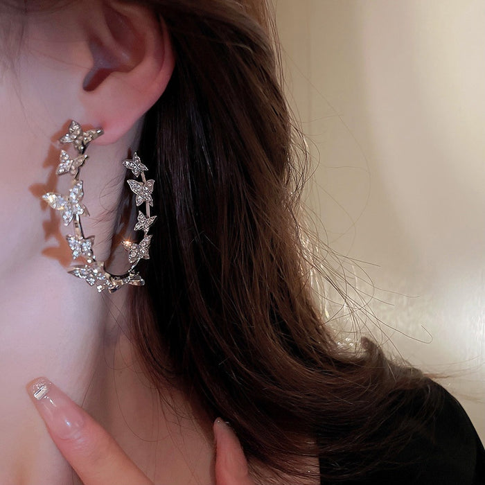 Alloy Silver Needle Butterfly Rhinestone Geometric Hoop Earrings For Women Korean OL Style