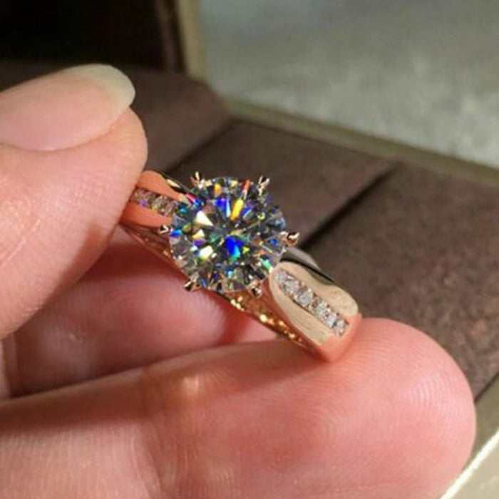 Rose Gold Plated Classic Six Prong Zircon Ring For Women Charming Bridal Wedding Band
