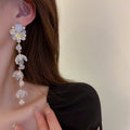 Sweet Acrylic Flower Tassel Drop Earrings With Faux Pearl Crystal And Silver Needle view 2