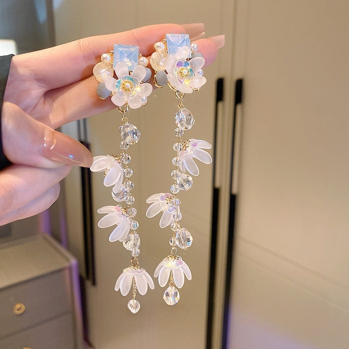 Sweet Acrylic Flower Tassel Drop Earrings With Faux Pearl Crystal And Silver Needle