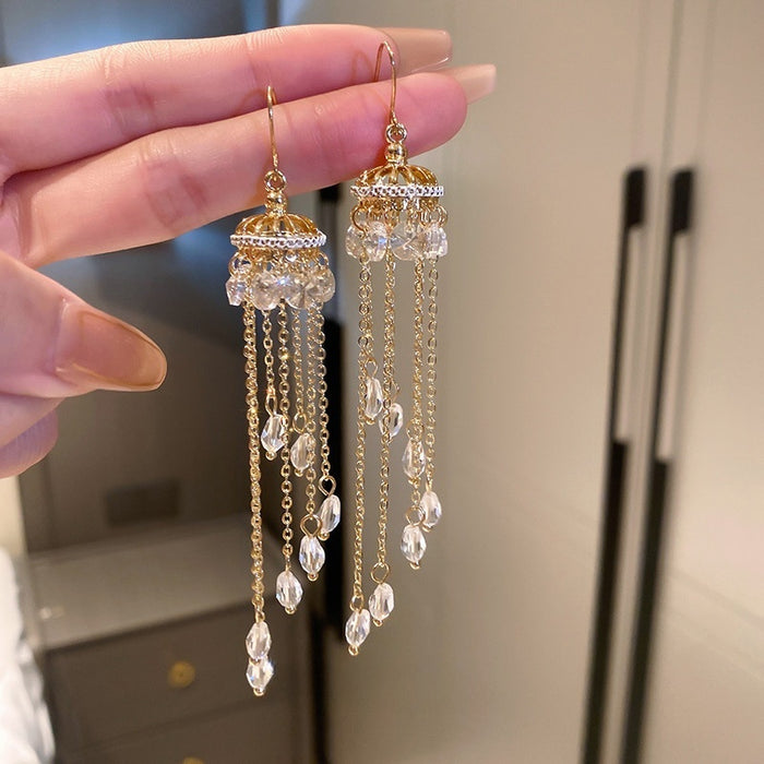 Chic Copper Faux Crystal Geometric Tassel Drop Earrings With Long Court Style Hooks