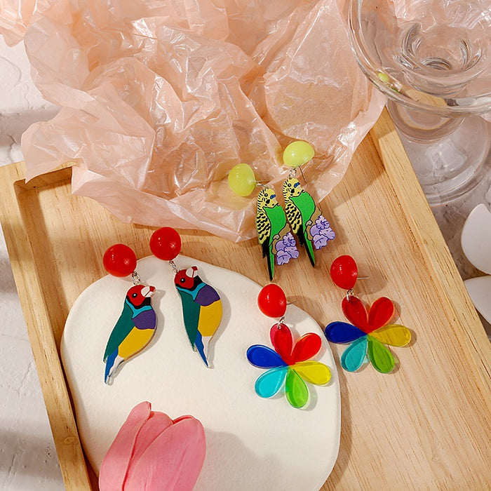 Sweet Colorful Enamel Parrot Bird And Rainbow Flower Alloy Stud Drop Dangle Fashion Earrings